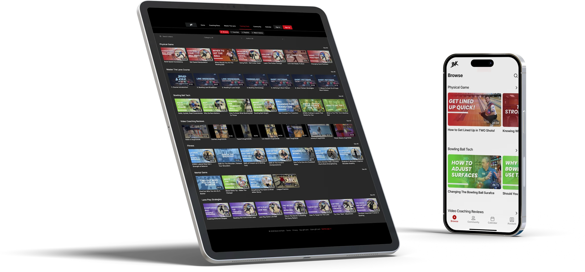 The Bowl Like A Pro app on a tablet and a phone. The tablet shows the video library sorted into Physical Game, Master The Lane Course, Bowling Ball Tech, Video Coaching Reviews, Fitness, Mental Game and Lane Play Strategies. The phone shows the Browse screen with Community, Calendar and Account tabs.